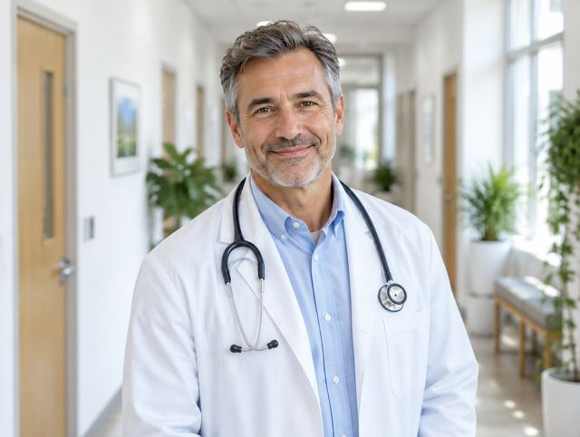Physician in a clinic hallway