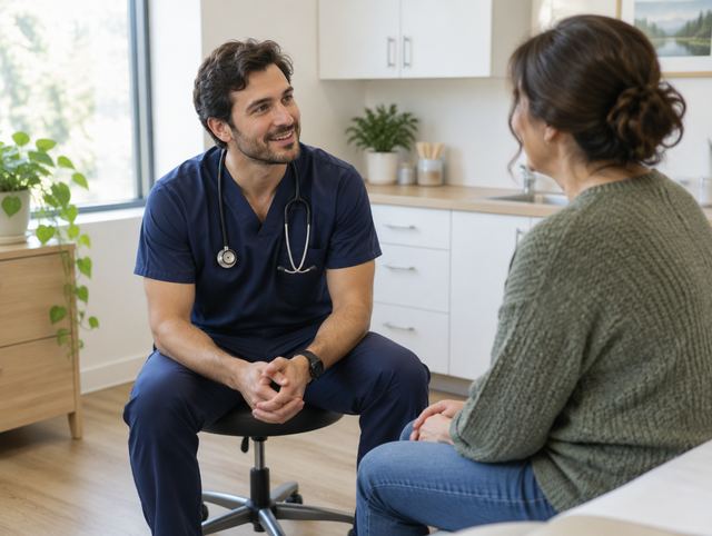 Physician assistant talking with a patient