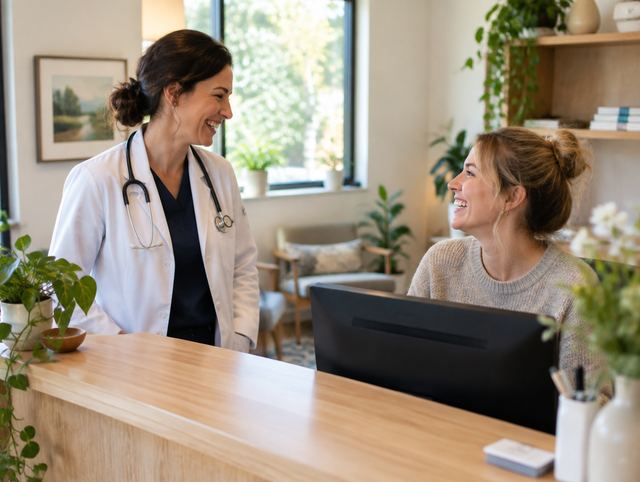 Nurse practitioner greeting a patient at her clinic