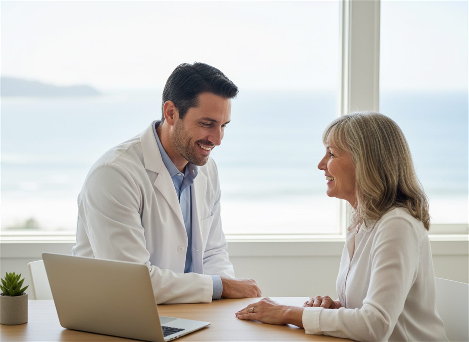 Provider consulting with a patient in a bright clinic office
